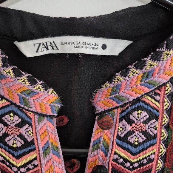 ZARA Jacquard Ribbon Dress , Long Sleeve Midi, Deep Green & Burgundy , Boho XS - Picture 4 of 15